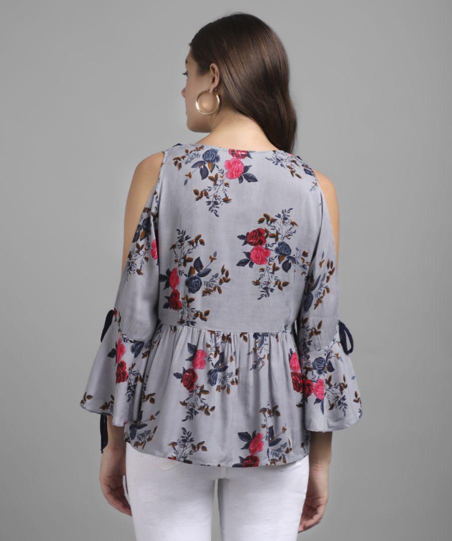 Women's Rayon Floral Print Cold Shoulder Top