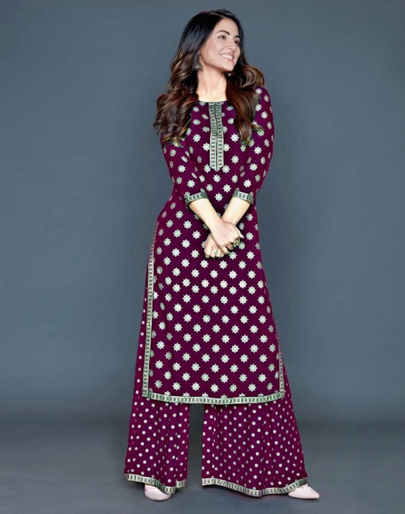 Pretty Printed With Lace Border Rayon Kurti Palazzo Set